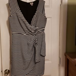 Black-and-white striped faux wrap dress